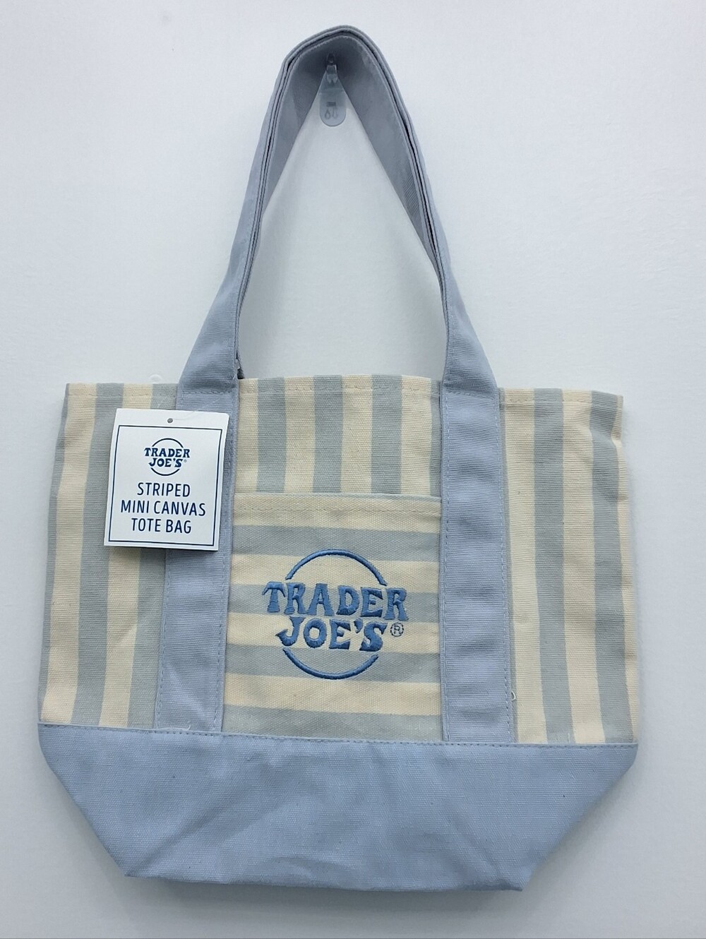 Trader Joe's Blue Striped Mini Canvas Tote Bag W/ Exterior Pocket, New With Tag